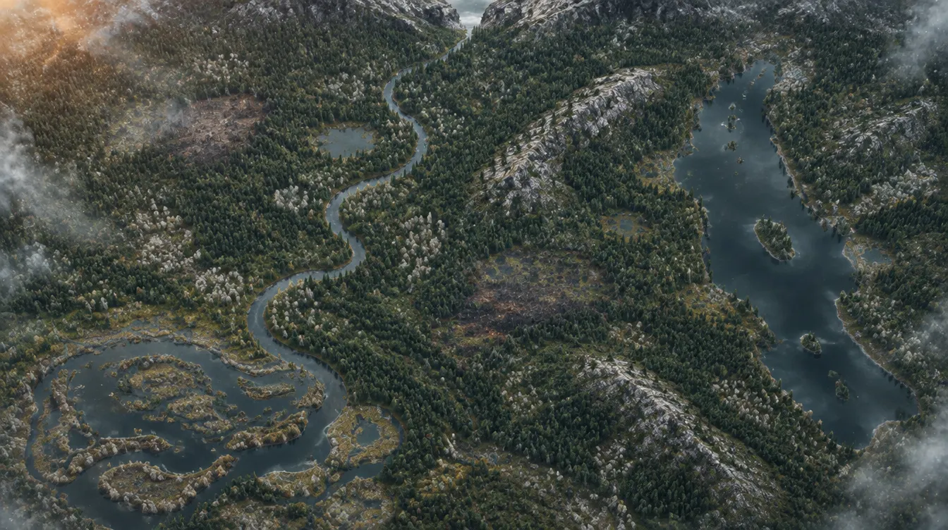 Peta Wold dari atas: hutan cemara gelap, sungai berkelok yang melebar jadi rawa oxbow Nalyr Basin di barat daya, danau panjang Ostrokh Lake di timur, punggung bukit granit, dan celah batu Cold Gate di tepi utara.