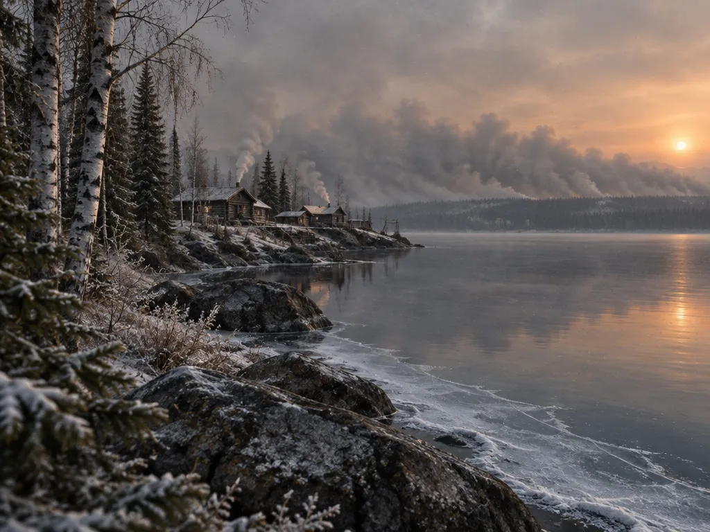 Ostrokh Lake di awal musim dingin: es tipis di tepi, batu granit hitam, birch putih, pondok kayu berasap di tanjung, dinding asap kelabu di seberang danau.